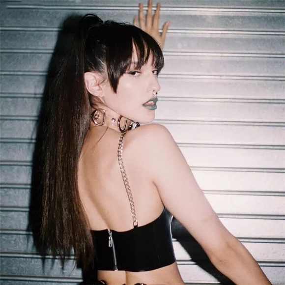 Women V-Neck PU Leather Metal Chain Strap Crop Top - Picture 6 of 6